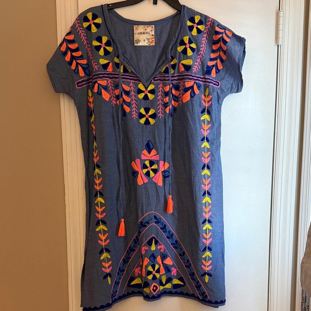 Embroidered Blue Dress with Colorful Patterns